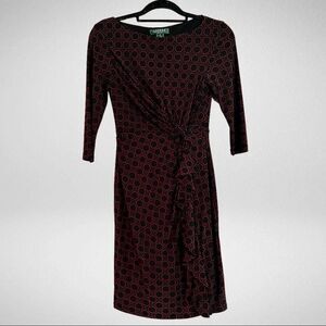 Lauren Ralph Lauren Black and Red Printed Ruffle Faux Wrap Dress Size 2 Petite